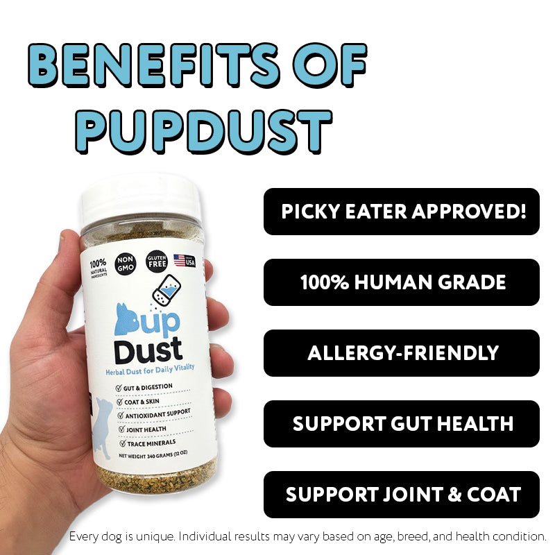 PupDust Daily Vitality Delivered: Gut, Joint, and Coat Support in One Simple Scoop.