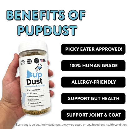 PupDust Daily Vitality Delivered: Gut, Joint, and Coat Support in One Simple Scoop.